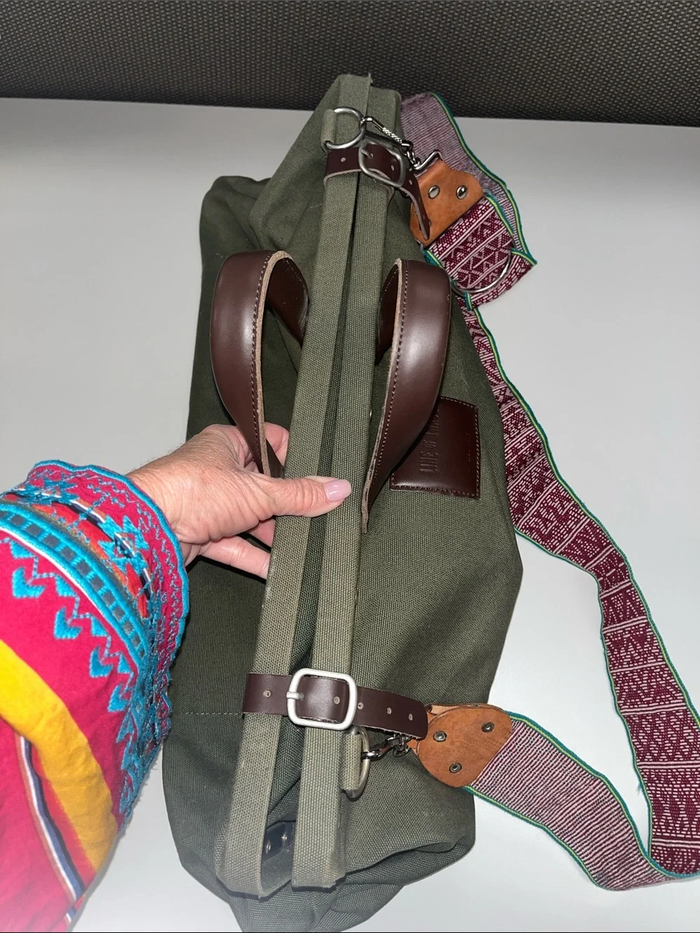 Line of Trade Olive Canvas Travel Bag with Leather Trim and Patterned Strap